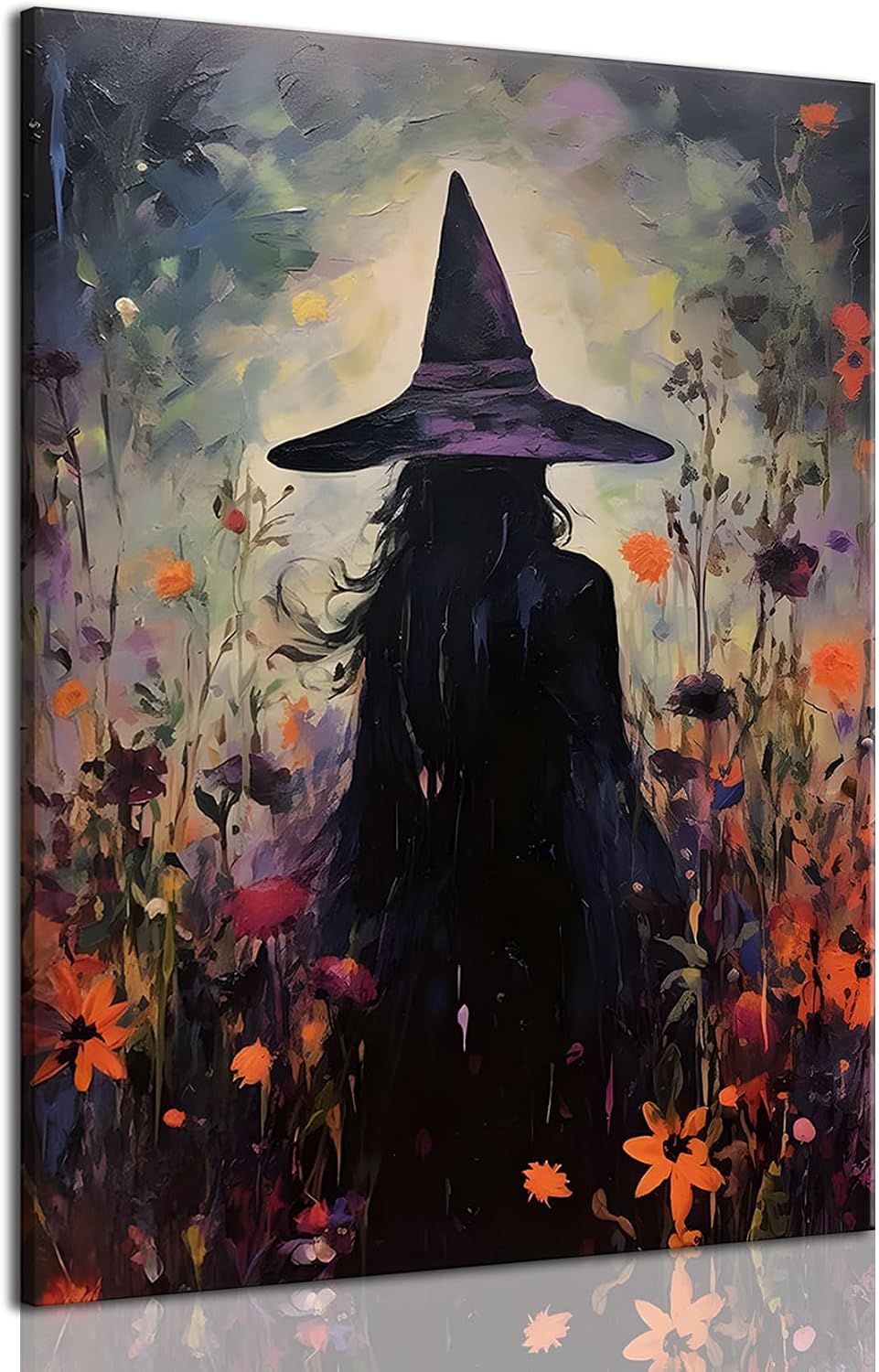 ILLBDR Halloween Witch with Flowers Canvas Wall Art 12x16 inch