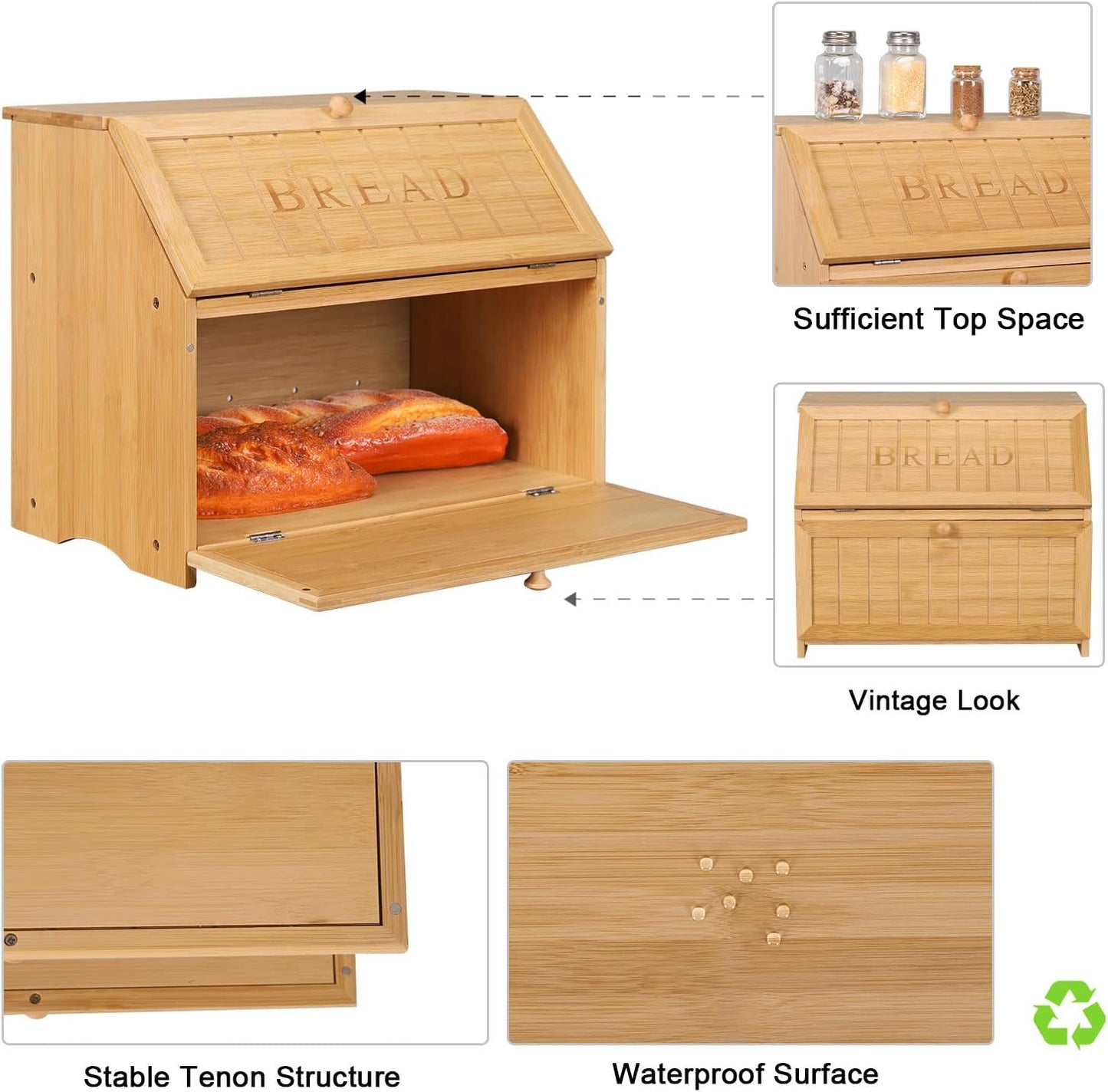 HOMEKOKO Vintage Double Layer Large Bread Box, Retro Design, Natural Bamboo | Keeps Bread Fresh 3-4 Days, 2-Tier