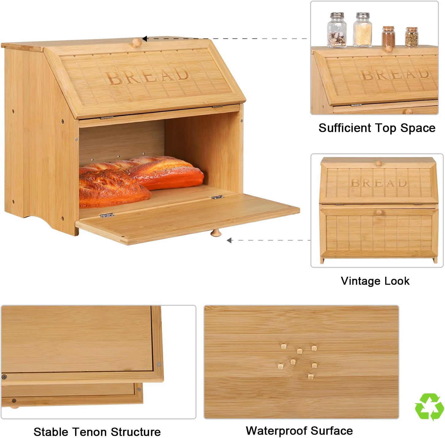 HOMEKOKO Vintage Double Layer Large Bread Box, Retro Design, Natural Bamboo | Keeps Bread Fresh 3-4 Days, 2-Tier