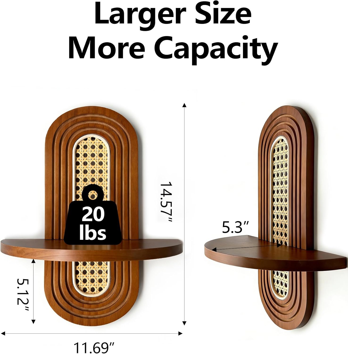 Floating Shelves / Rattan Plant Shelf / Walnut / Set of 2