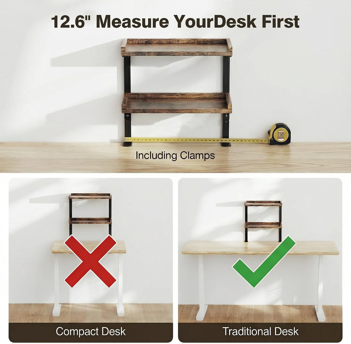 Clamp On Desk Shelf 2-Tier, 12.6 inche Wood Shelving Unit for Office Desk/Gaming Accessories, Tabletop Book Storage