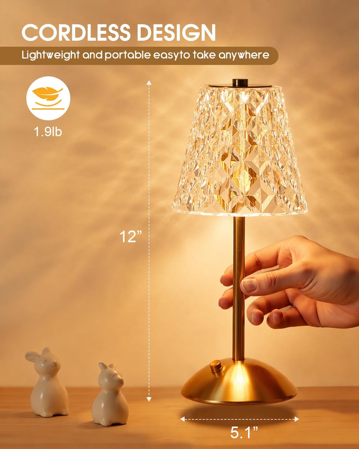 Nusogon Rechargeable Cordless Table Lamp, Gold Small Battery Powered Lamp | 3 Color Dimmable Small Bedside Lamp, LED