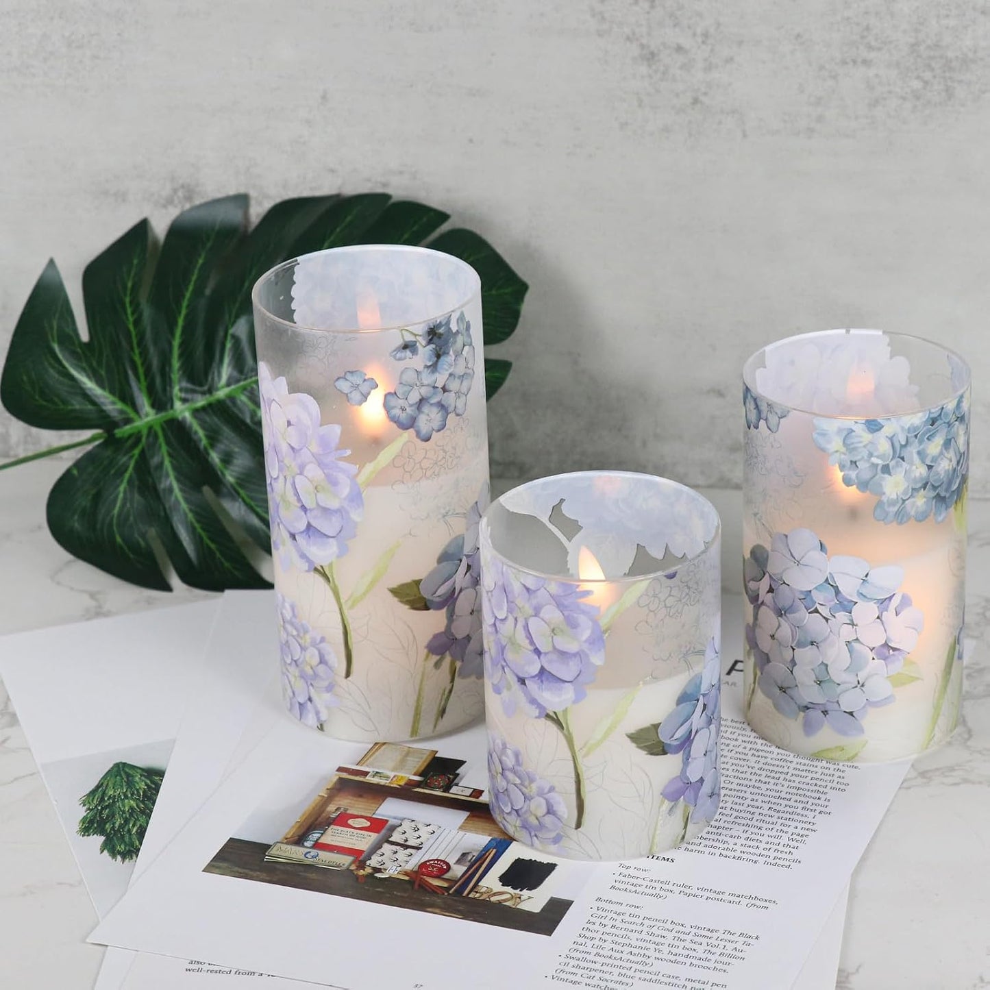 Hydrangea Glass Flameless Candles Batttery Operated Remote Timer | LED Flickering Pillar Candles, Real Wax 400 Hours
