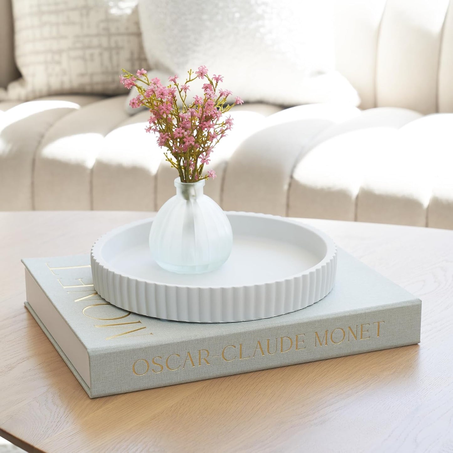 Scalloped Tray & Linen Box Coffee Table or Bookshelf Decor / Sage Green