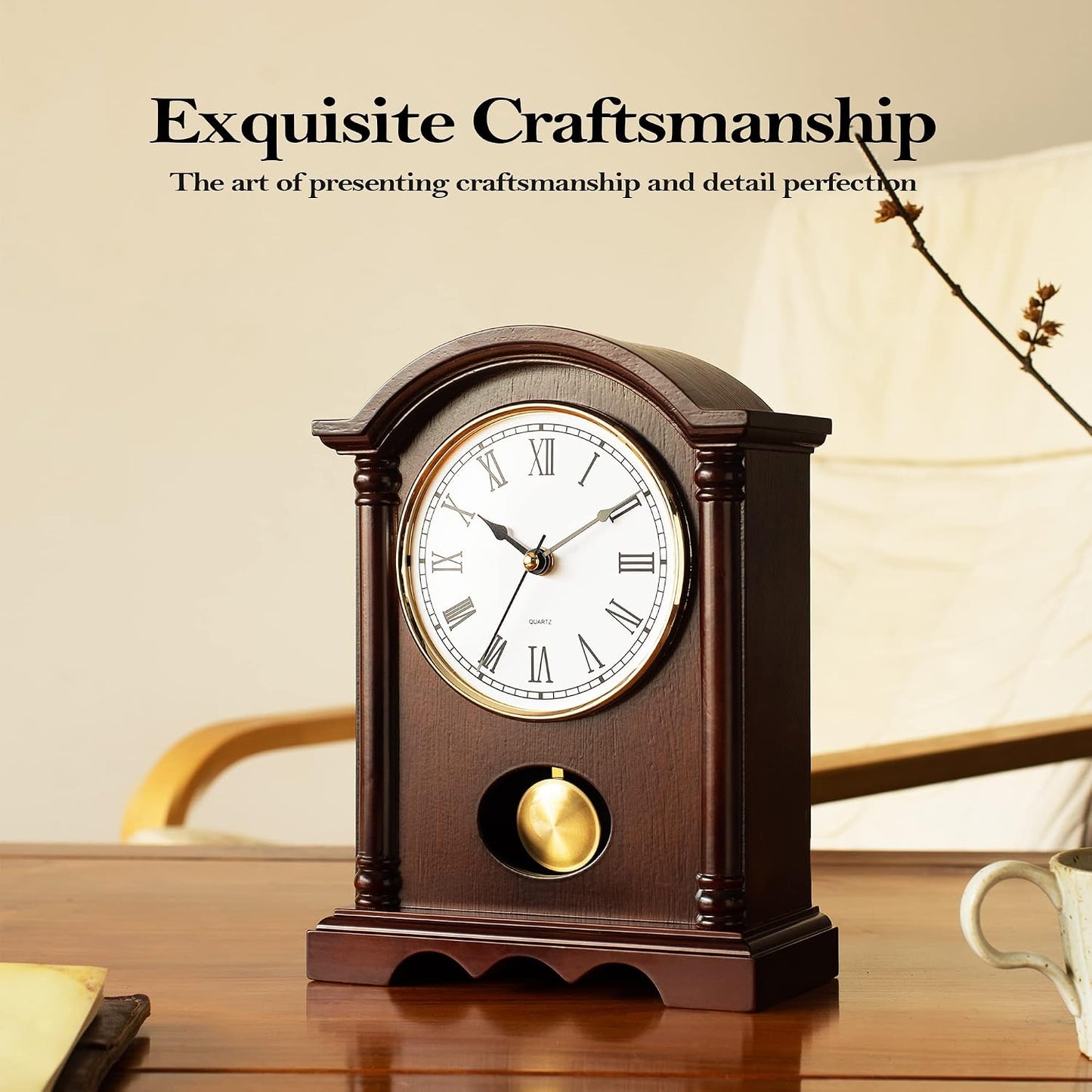 AYRELY® Classic Grandfather Mantel Clock for Living Room Déco, Elegant Wooden Finish, Gold-Tone Pendulum, Desk Clock