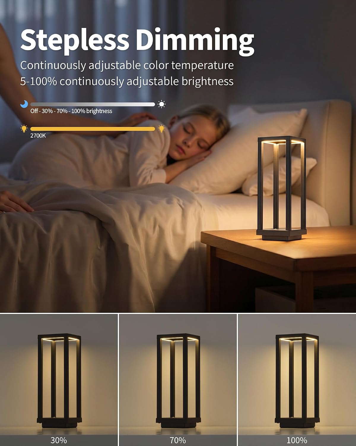 PUSU Cordless Waterproof Table Lamps Set of 2, Black LED Outdoor Desk Lamp | Rechargeable 4000mAh Battery Operated