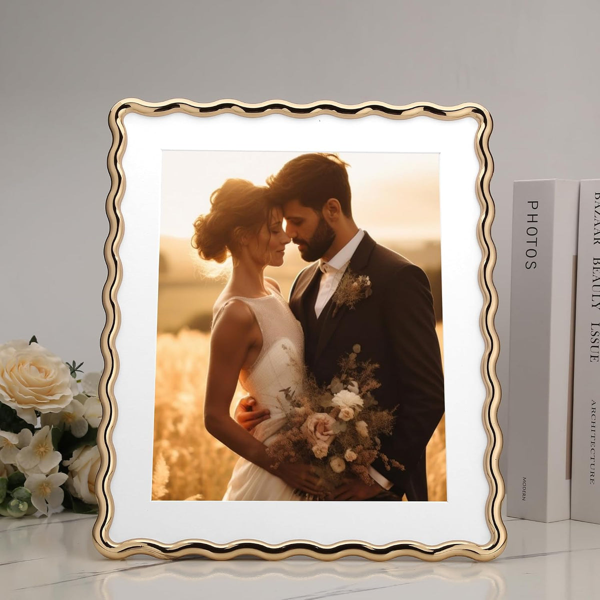 Gold 10x12'' Heavy-Duty Zinc Alloy Picture Frames with Acid Free Mat for 8x10'',Wave Design Gold Picture Frame 10x8''