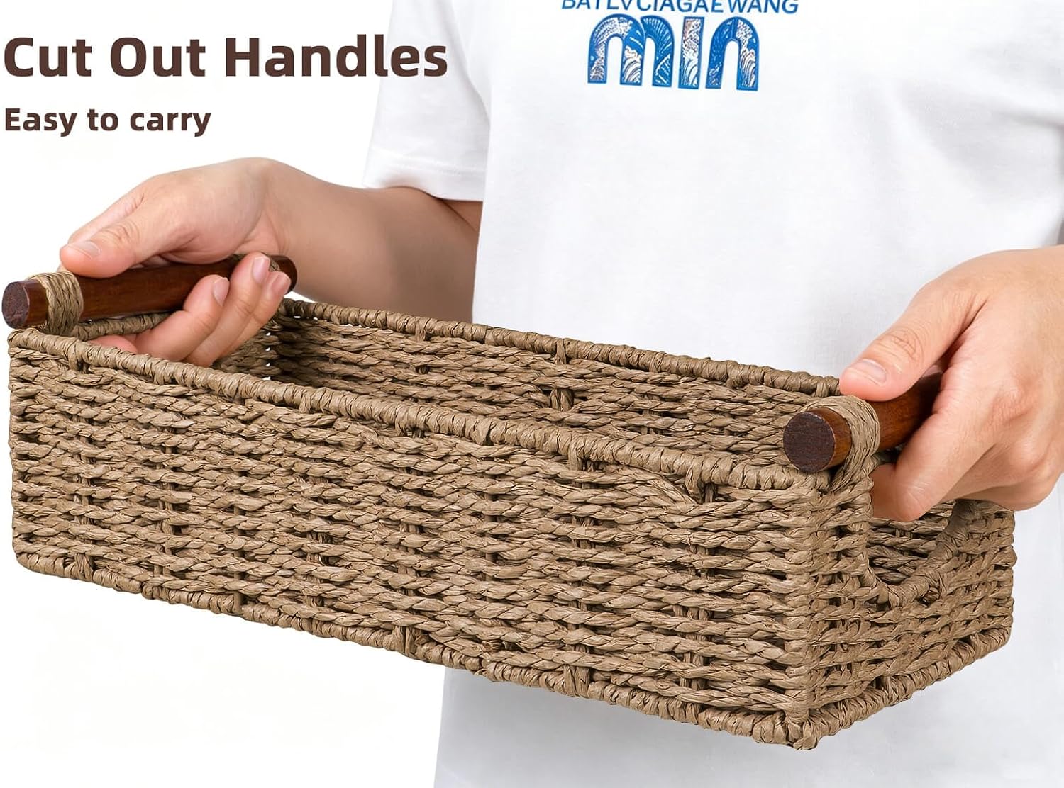 Small Wicker Toilet Basket Tray Organizer W/Cut Out Handle / Neutral / S - 12.99"l x 6.29"w x 3.1"h