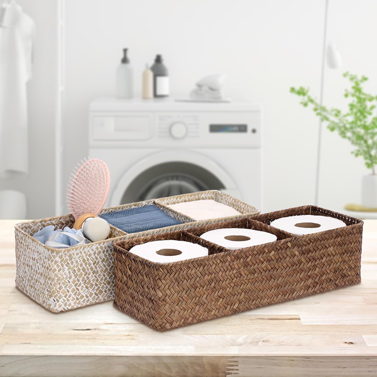Handwoven Seagrass Storage Basket 3 Sections Toilet Tank Paper Basket Wicker / Large / Whitewash