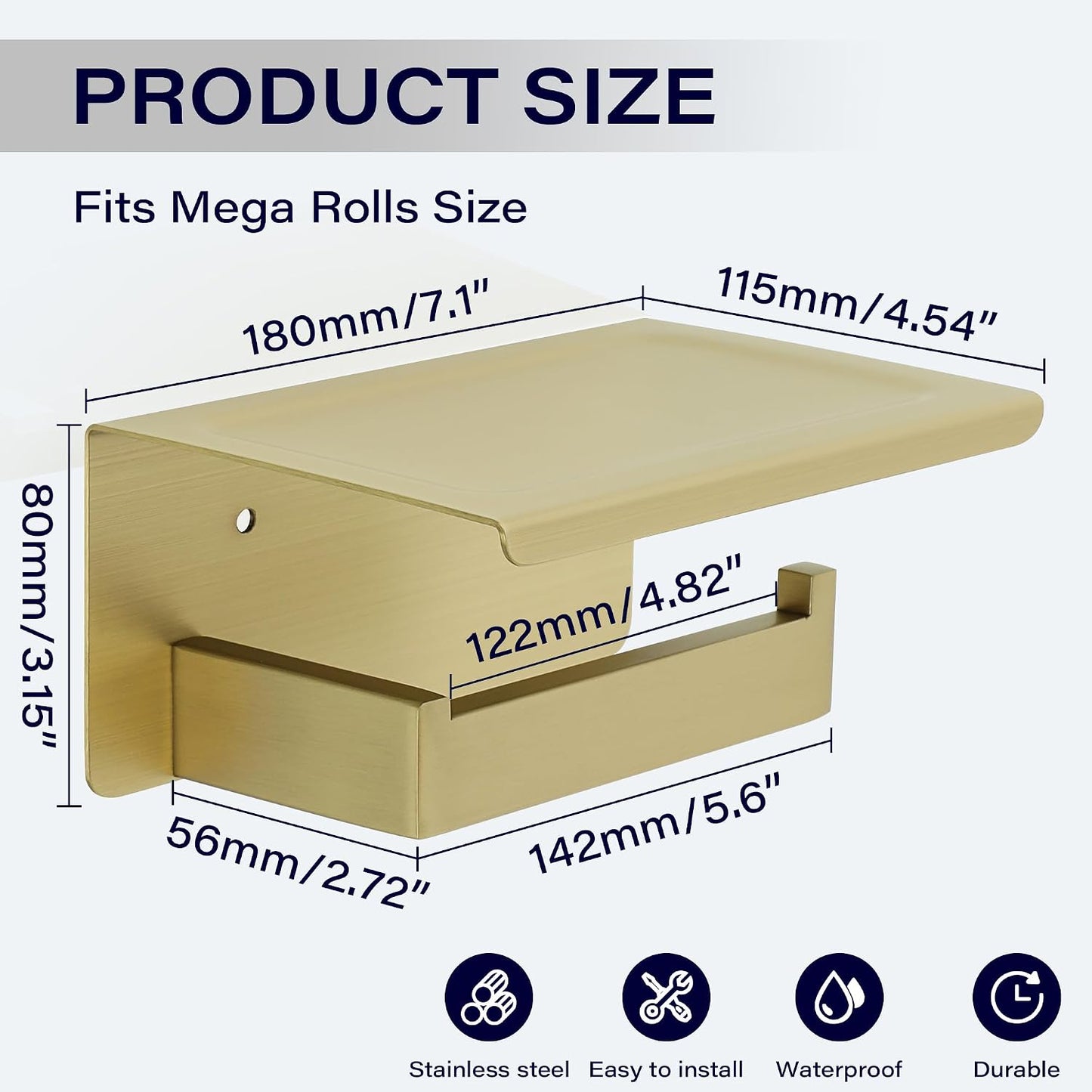 Alise Toilet Paper Holder with Shelf,Bathroom Tissue Holder,Gold | SUS304 Stainless Steel Toilet Paper Roll Holder
