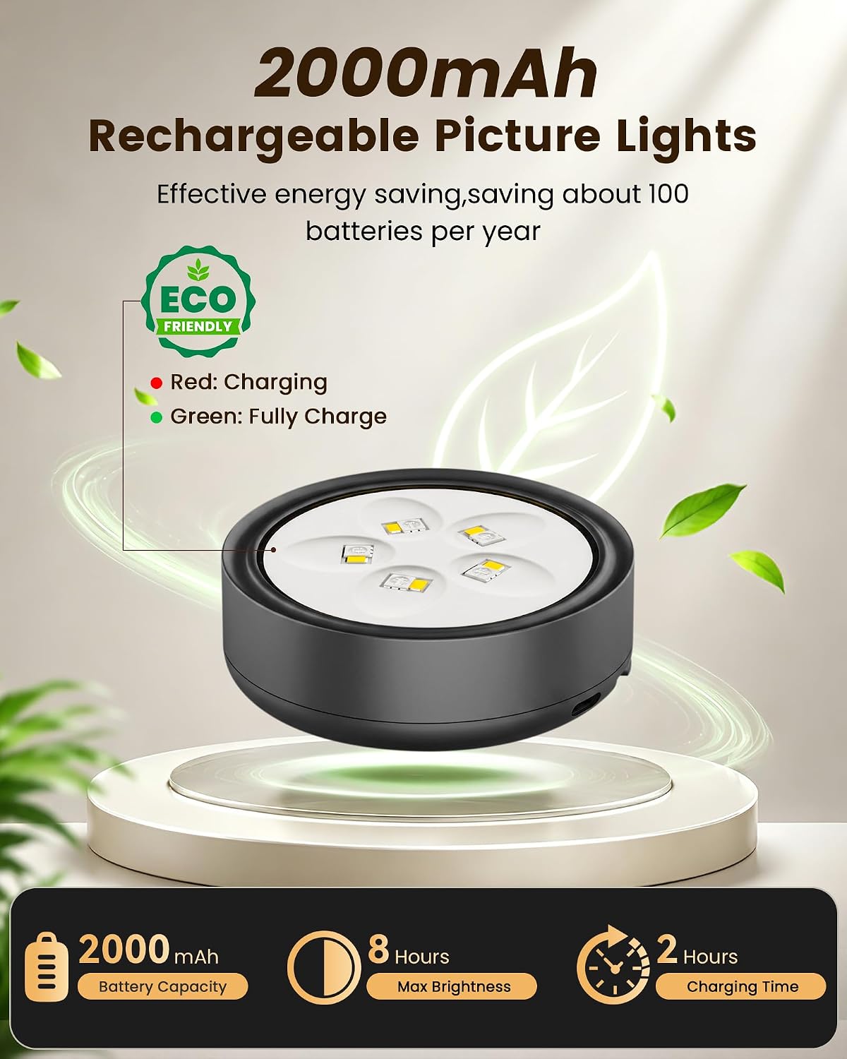 Picture Lights for Wall,Wireless 2000mAh Rechargeable Magnetic LED Puck Lights with Remote,3 Color Temps and 12