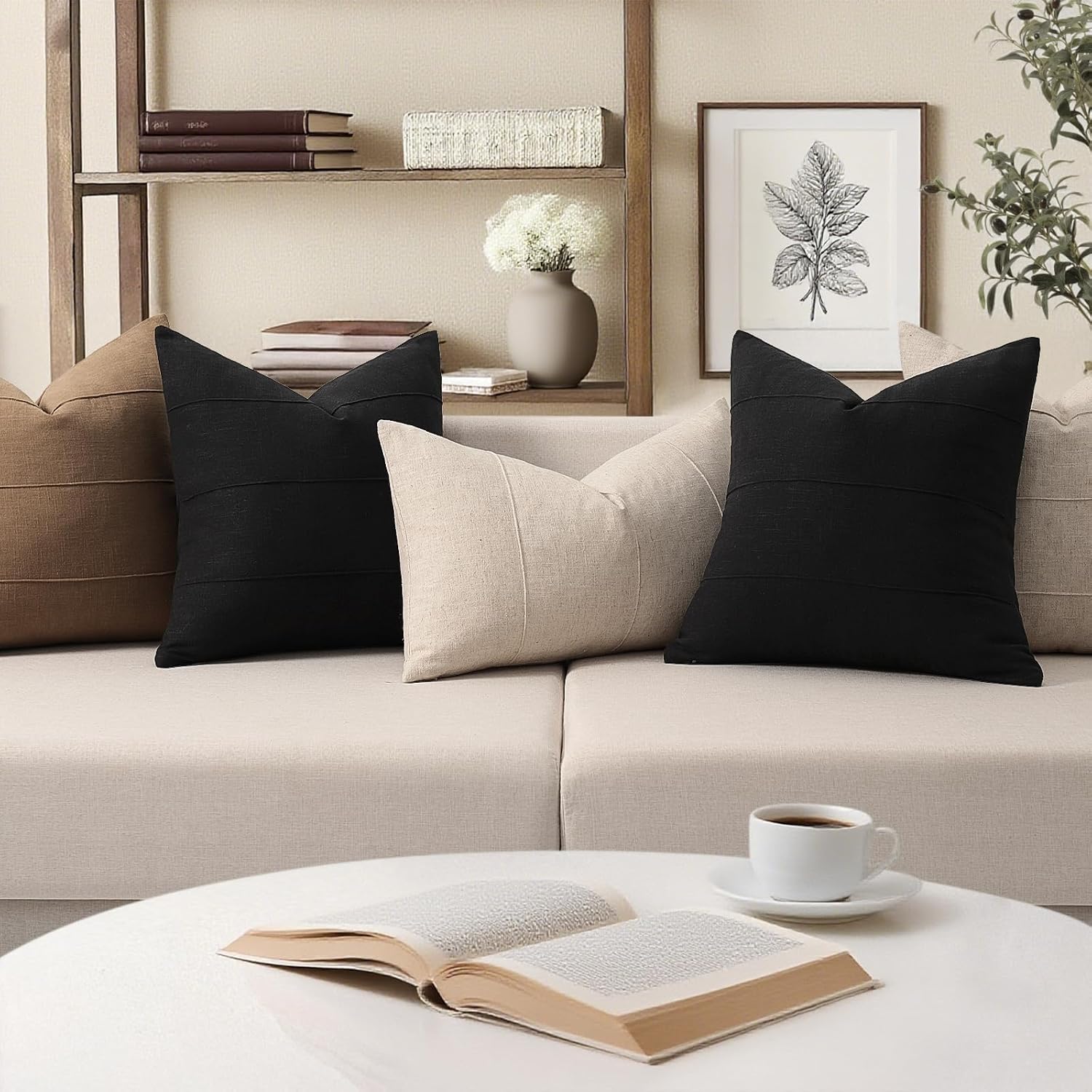Decorative Linen Throw Pillow Covers Solid Handcrafted Striped Cushion / Black / 18 x 18 / Set of 2