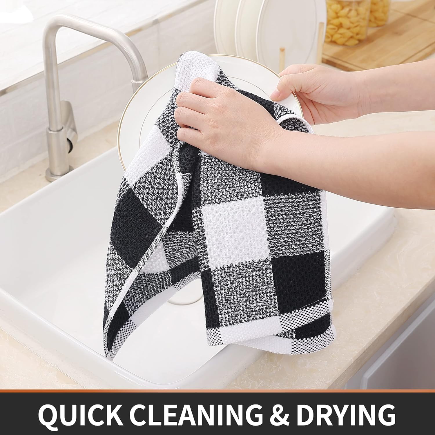Homaxy Cotton Plaid 12 Pack Kitchen Towels, 13" x 28", White & Black | Waffle Weave, Plaid, Super Soft and Absorbent