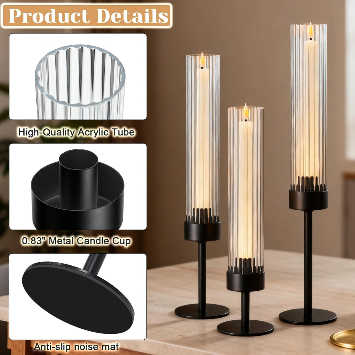 Metal & Acrylic Taper Candle Holders with Ribbed Design - Hurricane Clear Cylinder Candelabra for Wedding, Christmas