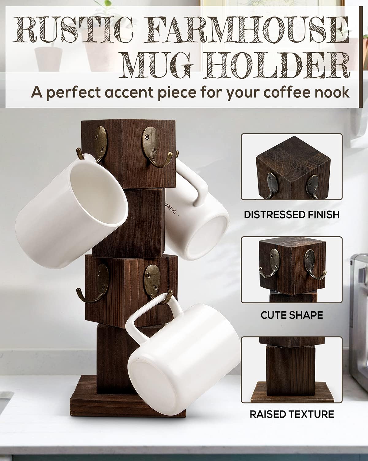 Coffee Mug Holder for Counter, Rustic Solid Wood Mug Tree | Farmhouse Wooden Coffee Cup Rack with 8 Hooks (Rustic Brown)