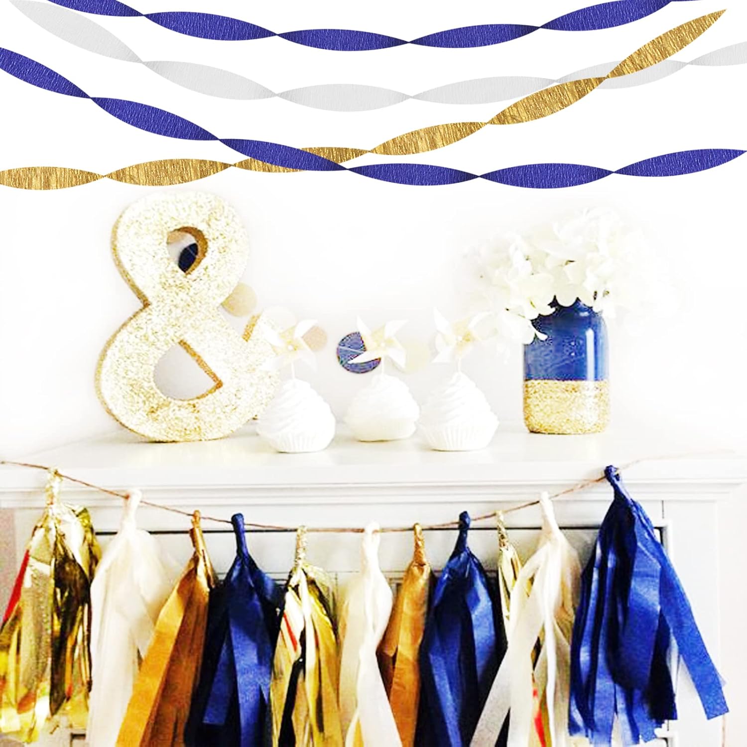 Navy-Blue White-Gold Crepe Paper Streamers / Navy Blue White Gold