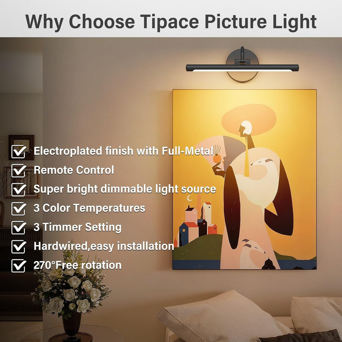 Tipace Hard-Wired LED Picture Light Fixtures- 15.7 inch 3CCT Dimmable Metal Artwork Display Lamp with Remote