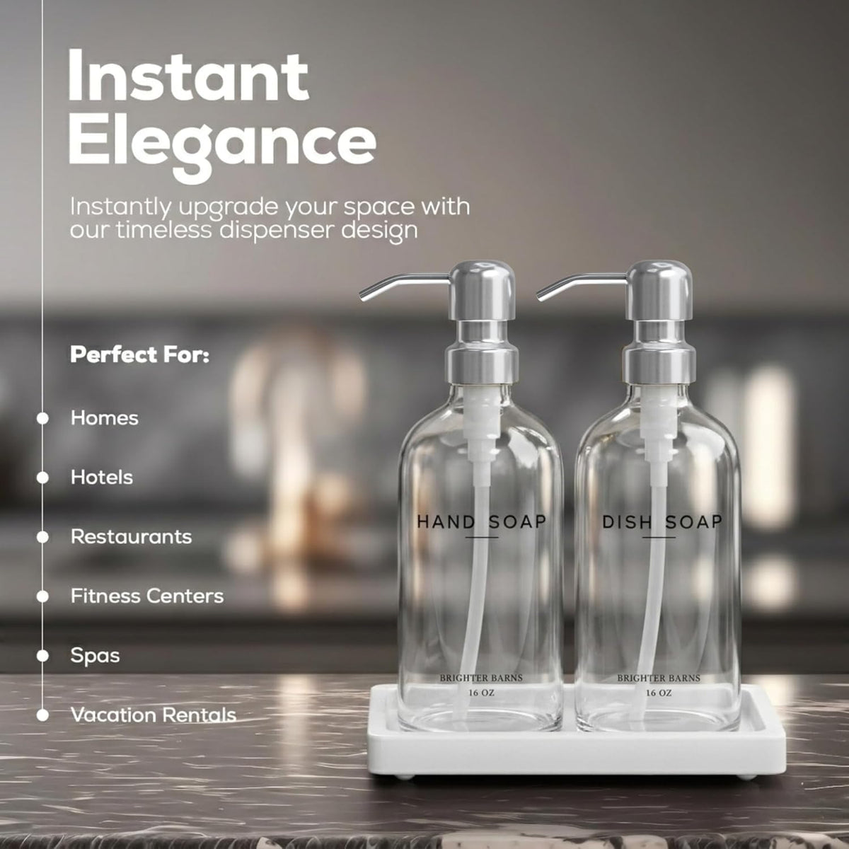 Glass Hand and Dish Soap Dispenser Set by Brighter Barns - Modern Kitchen Soap Dispensers with Stainless Steel Pump