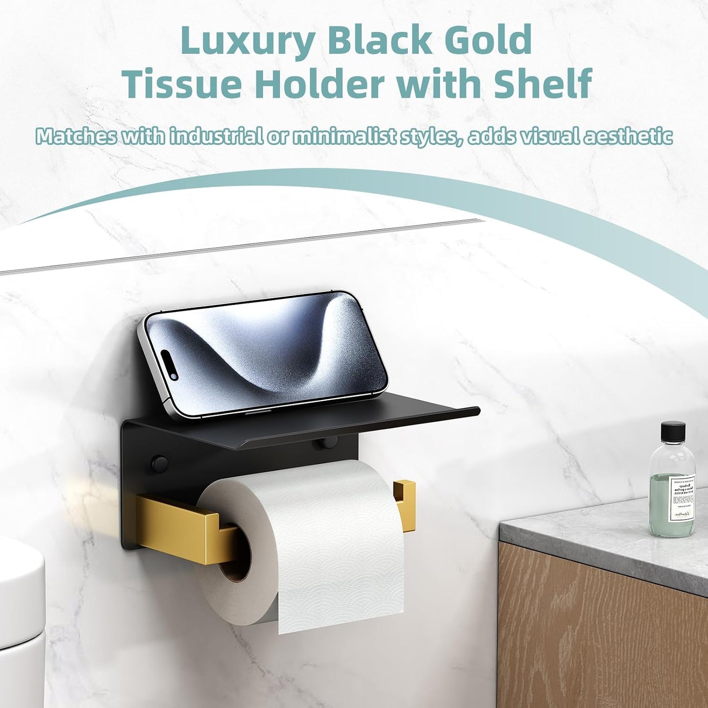 APLusee Black and Gold Toilet Paper Holder with Storage Shelf, Wall Mounted | 304 Stainless Steel Tissue Holder