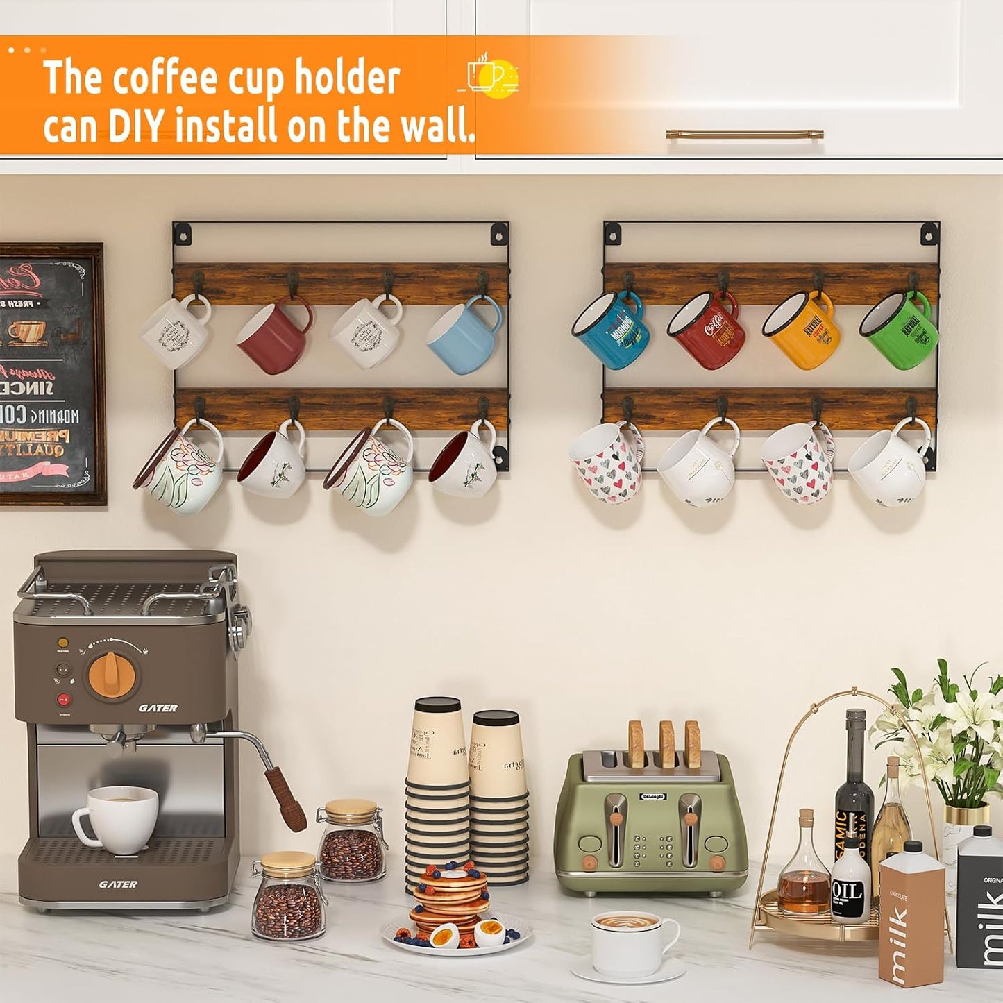 Huxitocan Wall Mount Coffee Mug Holder - Rustic Wood and Iron, Holds Up to 24 Mugs (3Pack) for Kitchen, Home, Coffee Bar