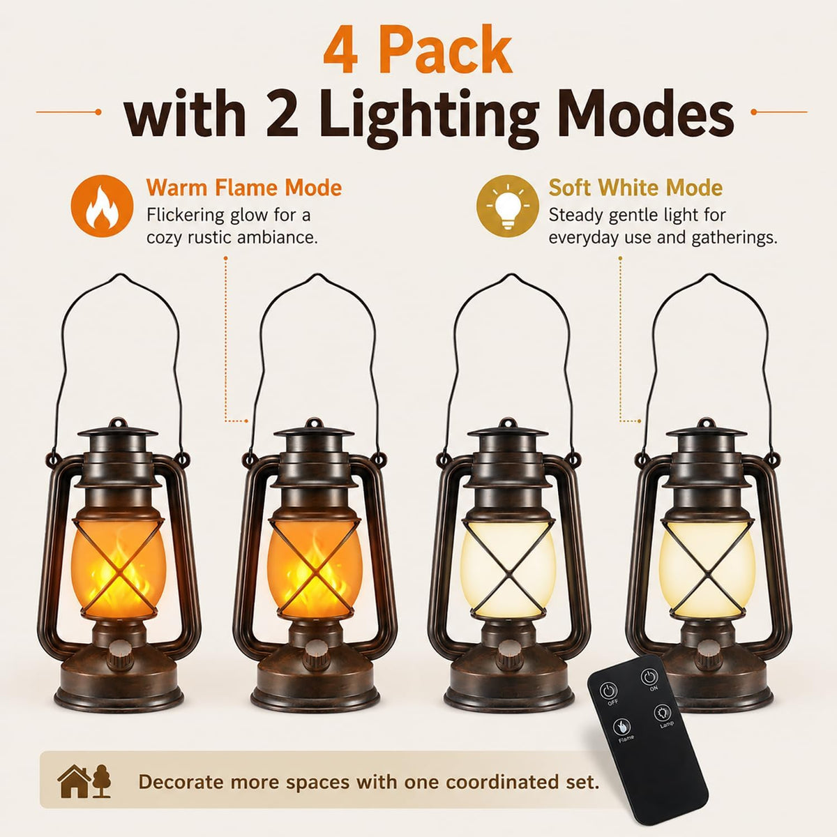 Battery Powered Vintage LED Lanterns 4 Pack with Remote Control, 2 Lighting Modes Flickering Flame Steady Light