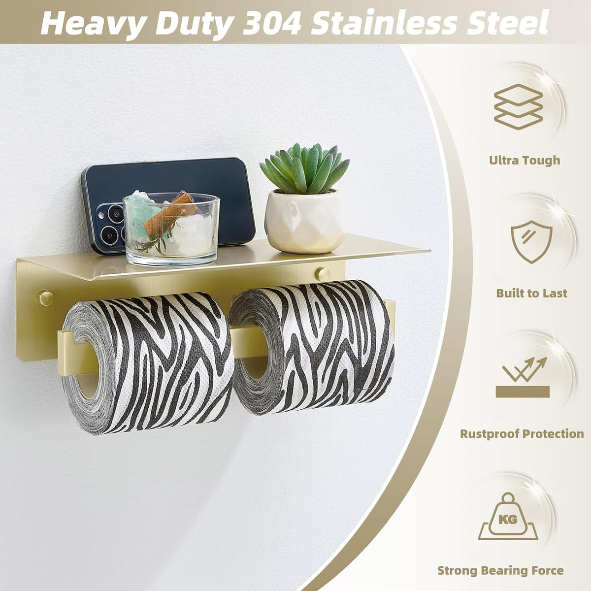 APLusee Brushed Gold Double Toilet Paper Holder with Shelf, 304 Stainless Steel Wall Mount Tissue Roll Holder for