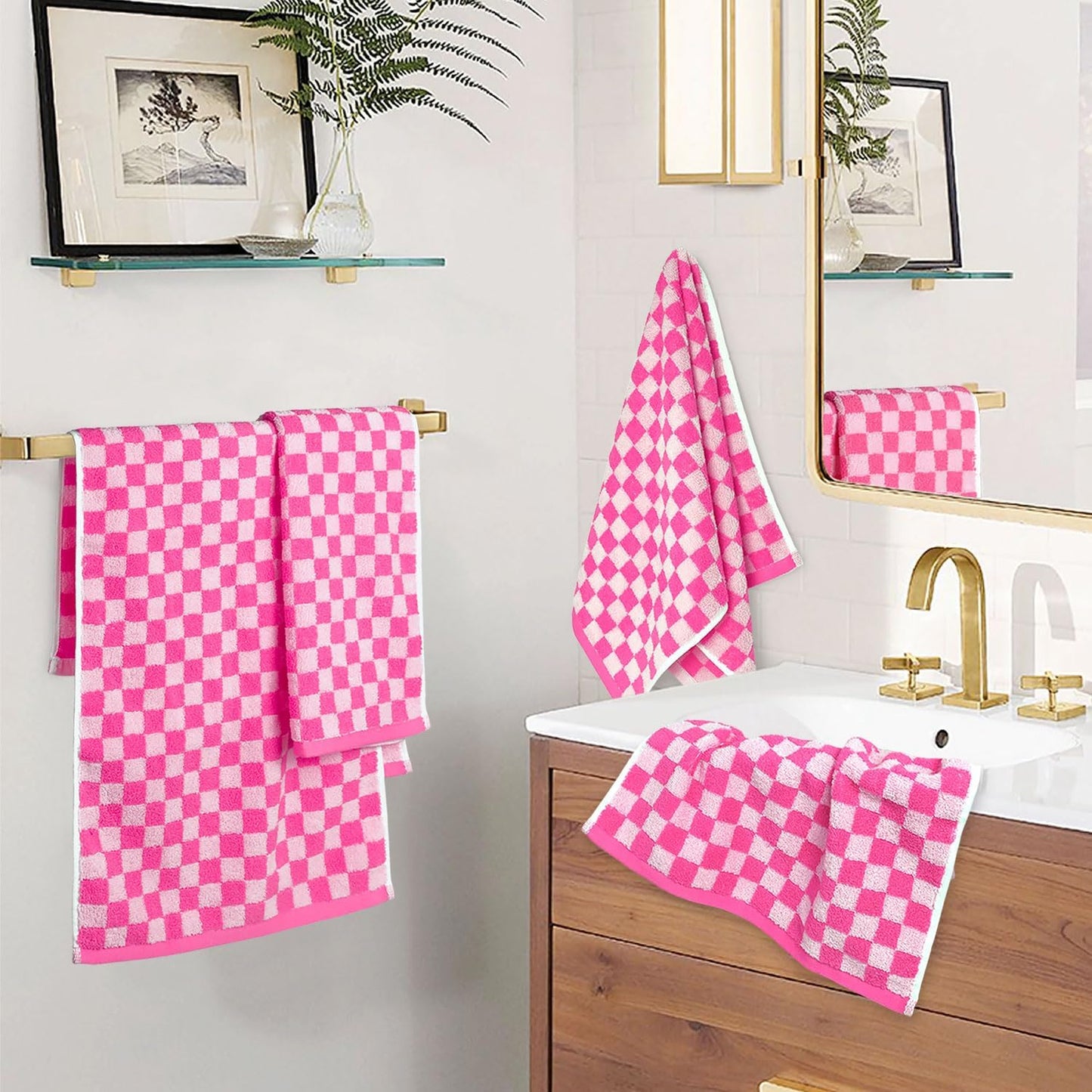 Jacquotha Pink Hand Towels 4 Pack, Cotton Decorative Bathroom Hand Towel | Checkered Kitchen Decor, 13" x 29"