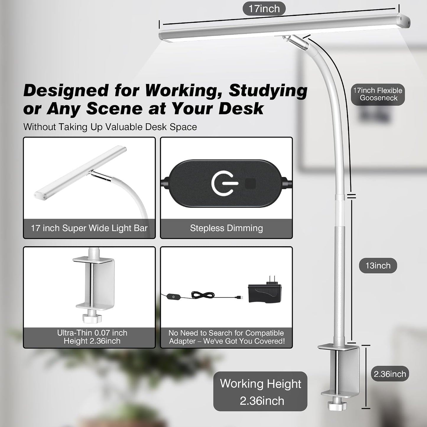 Airlonv LED Desk Lamp with Clamp, 17" Stepless Dimming Light, White | 2700K-6500K, 100 LEDs, 360° Gooseneck, Fits Up to