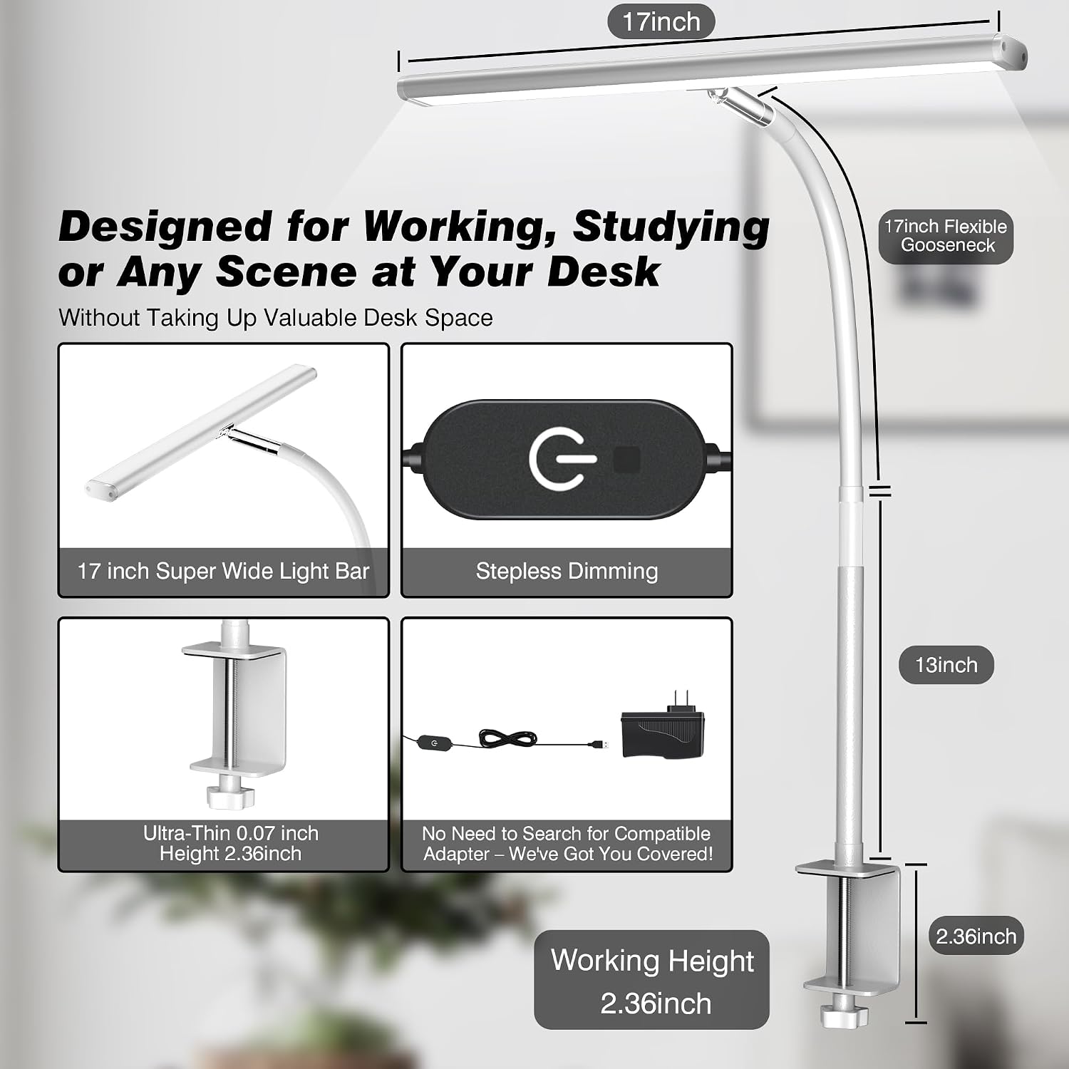 Airlonv LED Desk Lamp with Clamp, 17" Stepless Dimming Light, White | 2700K-6500K, 100 LEDs, 360° Gooseneck, Fits Up to