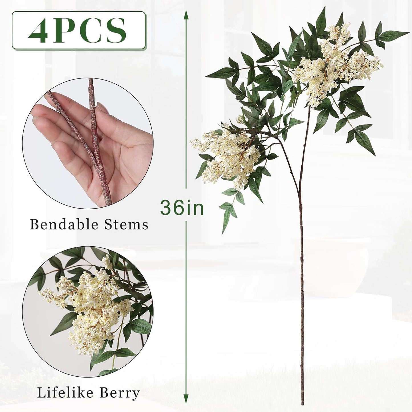 Artificial Nandina Berry Stem for Vase / Beige / Set of 4