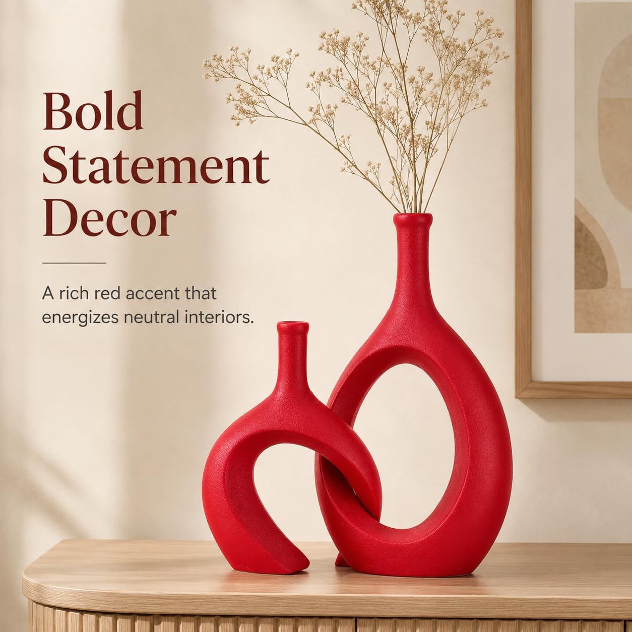 Modern Snuggle and Huging Style Ceramic Vase for Pampas Grass / Red / Set of 2