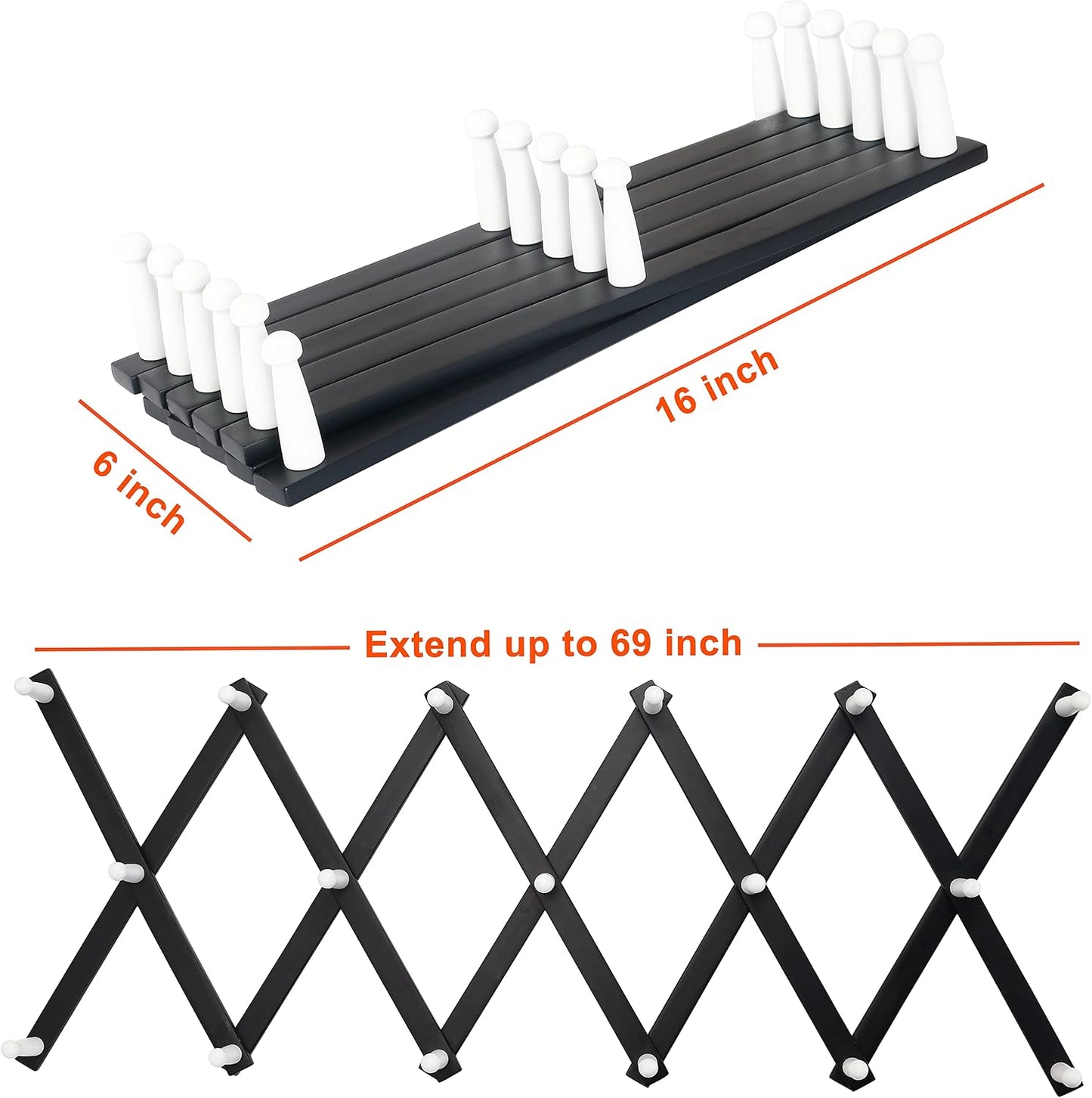 Accordian Wall Hanger: 16” High Wooden Wall Expandable Coat Rack, Hat Rack Holder, Accordion Hook for Baseball Caps