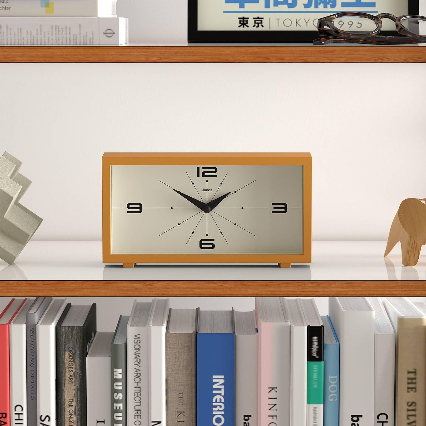 JONES CLOCKS® Odeon Desk Clock | Modern Rectangular Design | Mustard Yellow | Stylish Retro Look for Shelf, Table