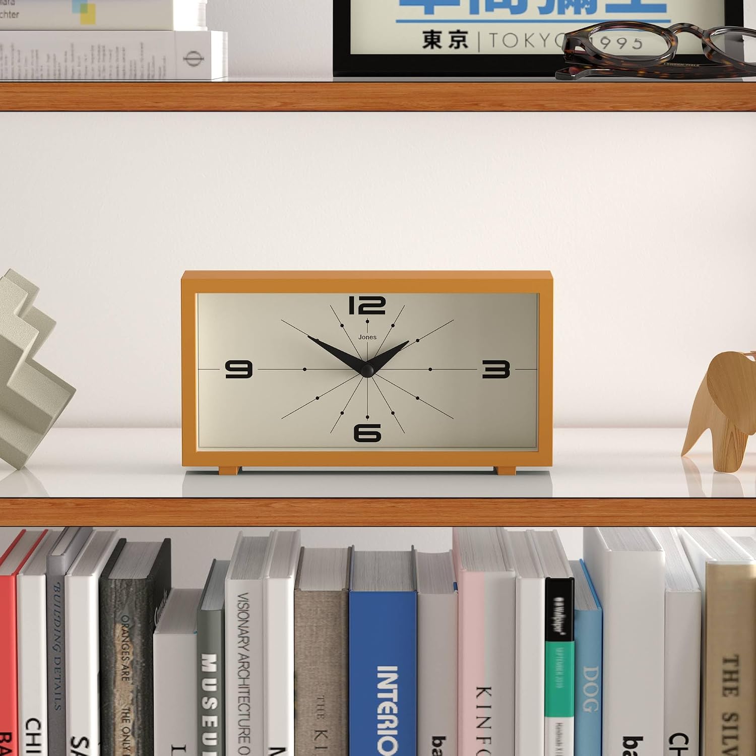 JONES CLOCKS® Odeon Desk Clock | Modern Rectangular Design | Mustard Yellow | Stylish Retro Look for Shelf, Table