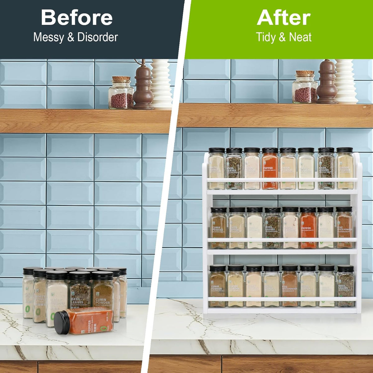 3-Tier Bamboo Spice Rack, Wall Mount & Countertop Spice Organizer | Seasoning Jars Rack Shelf Spice Organizer for