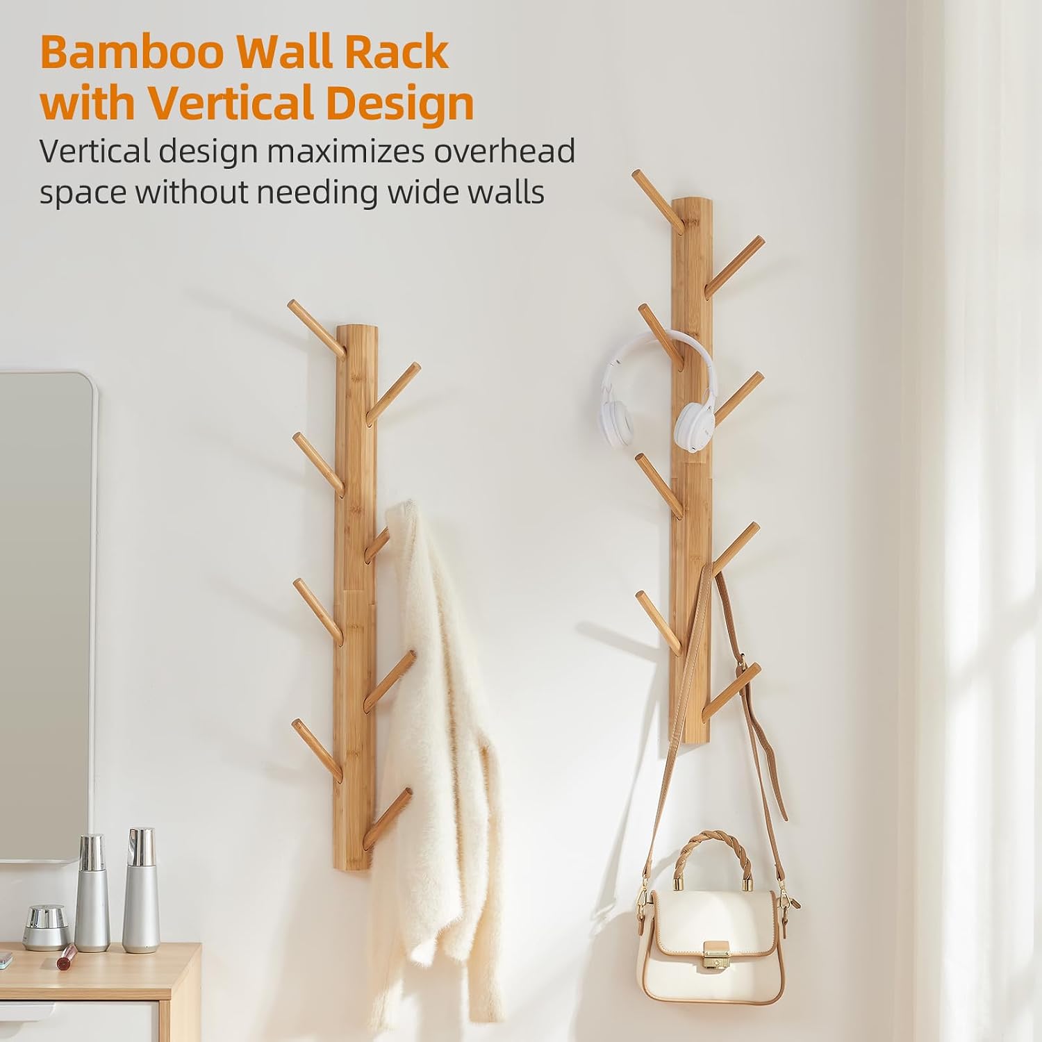 2-Pack Vertical Wall Mount Coat Rack for Clothes and Hats, Natural | Bamboo construction, 16 polished hooks, max 50 lbs