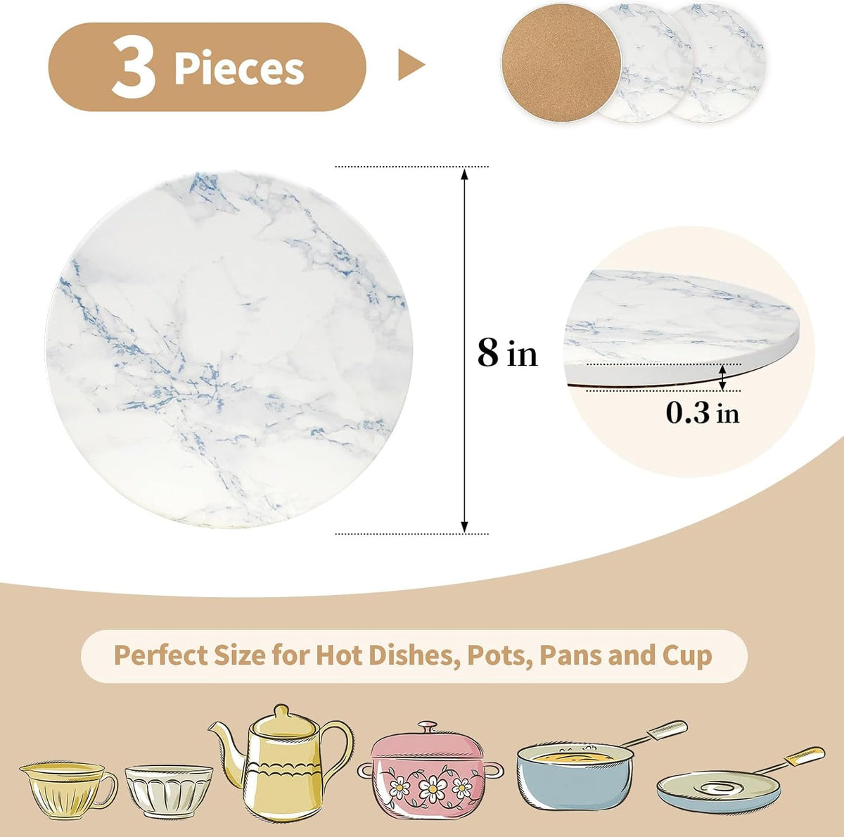 8 Inch Trivets for Hot Dishes, Pots and Pans, Marble Style Ceramic Trivet with Holder, Heat Resistant Hot Plate Mats