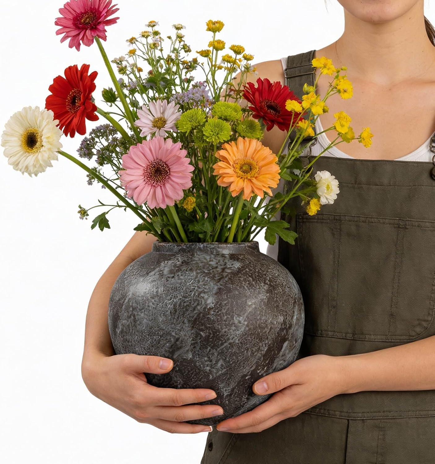 Large Rustic Black Stone Vase Home Decor / 04 - Large Rustic Brush Black / 8.8 Inch
