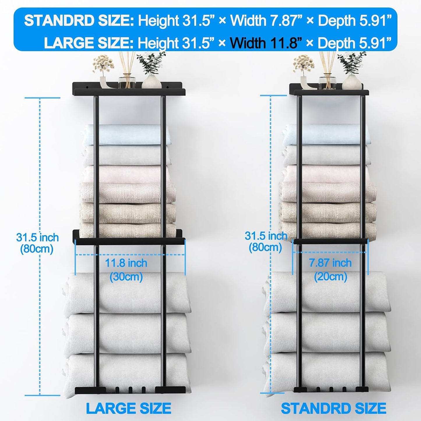Liuoud Towel Rack for Bathroom, Wall Mounted Vertical Rolled Towel Storage Organizer Holder with Shelf, Holds Up 6