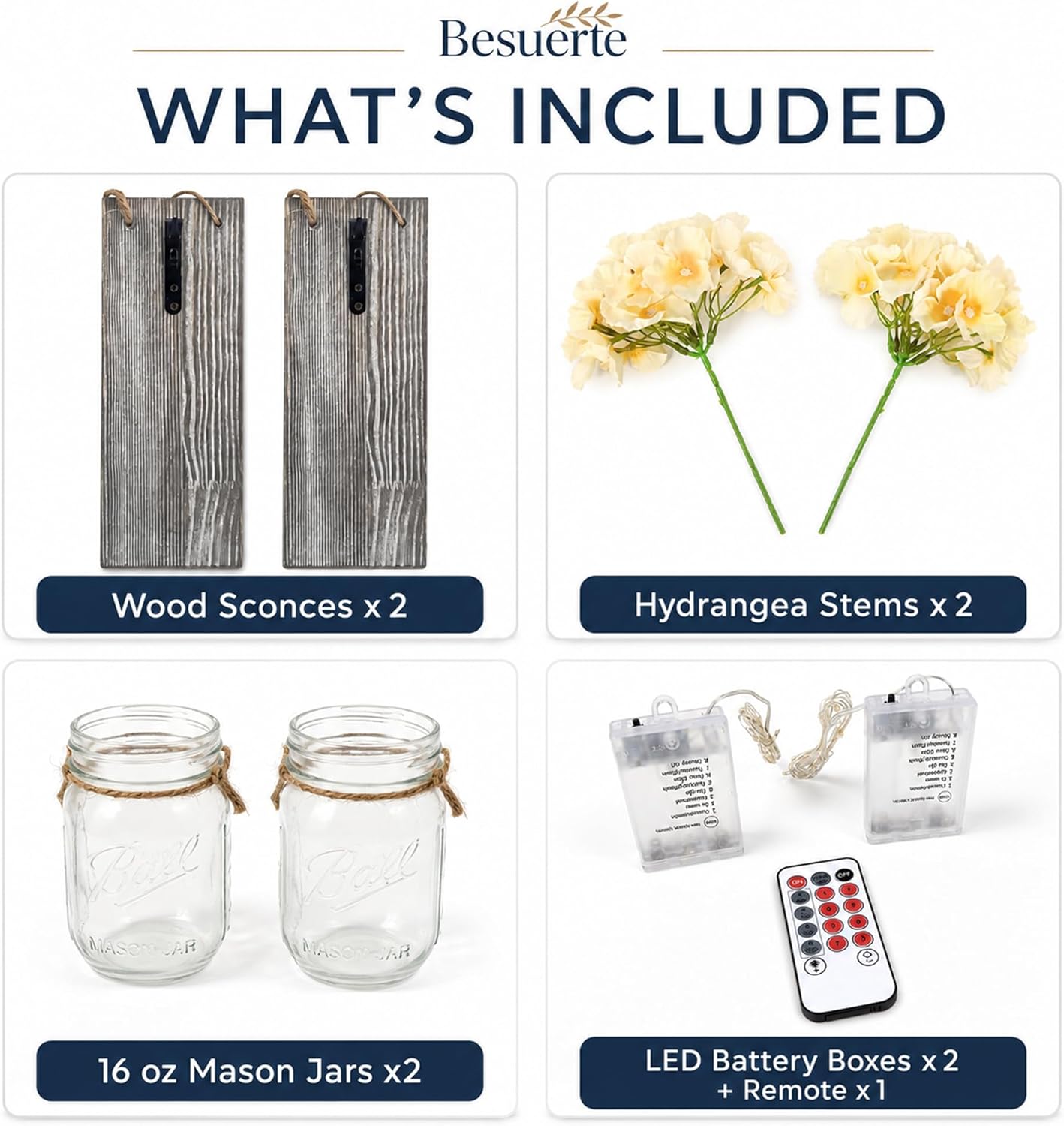 Rustic Mason Jar Sconces Wall Decor / 11"H Grey Wall Decor + Hydrangea / Set of 2