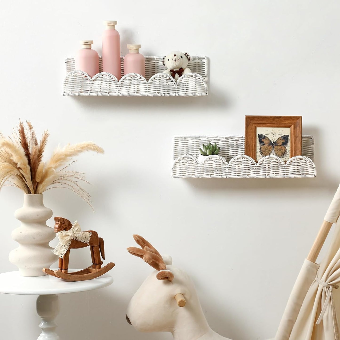Nursery Book Shelves Rattan Scalloped Floating Bookshelves Wicker Boho / 15.8 Inch / Cute / Set of 4