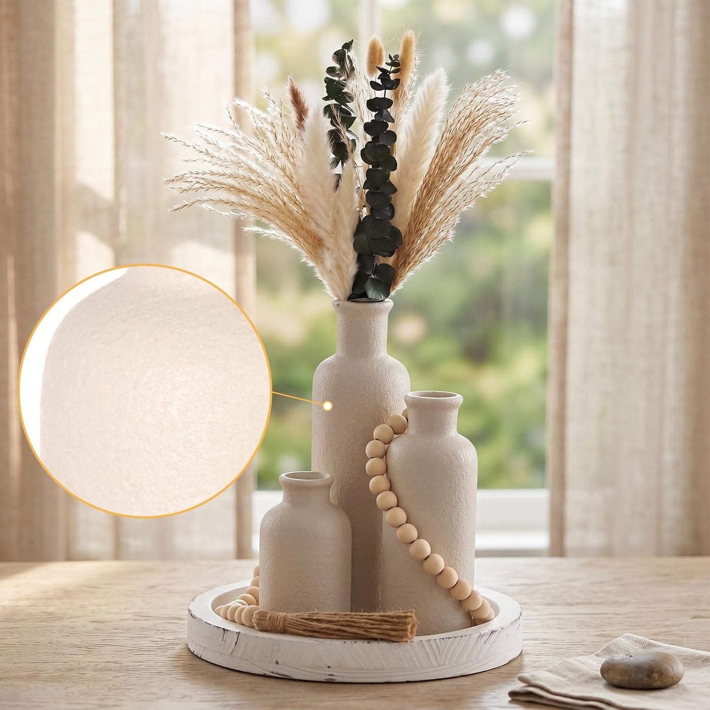 Wooden Serving Tray Wood Bead Garland / Cement Style White / Set of 5