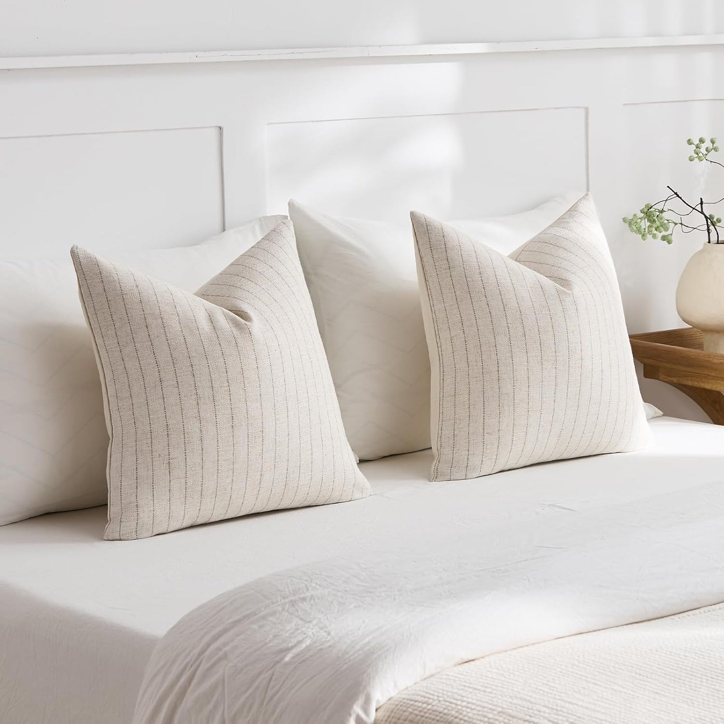 Linen Striped Throw Pillow Covers Neutral Couch Pillow Cases Farmhouse / Beige / 18 x 18 / Set of 2