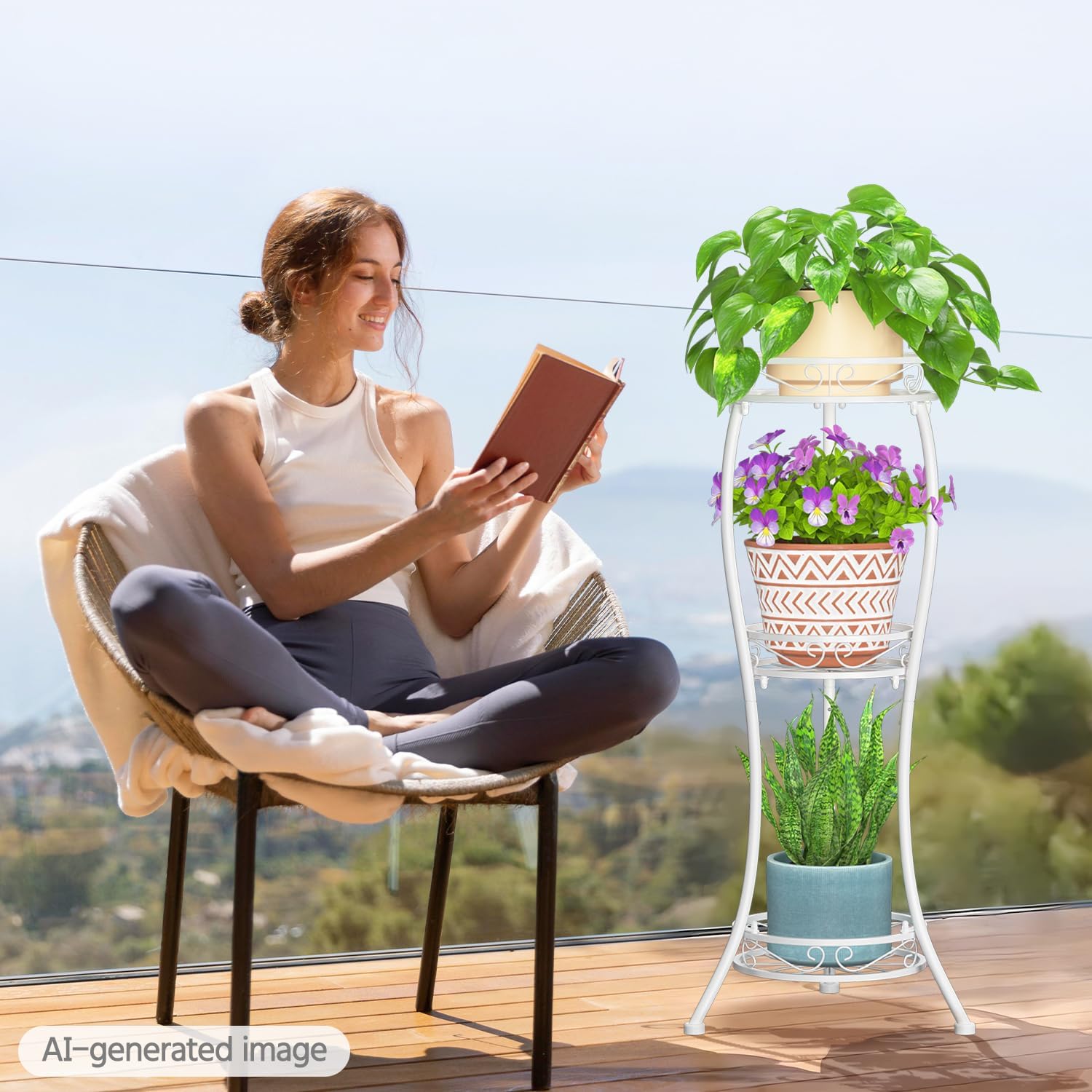 LASZOLA 3 Tiers Metal Corner Plant Flower Stand Tall Indoor Outdoor, White | Heavy Duty Small Holder Shelf for Multiple