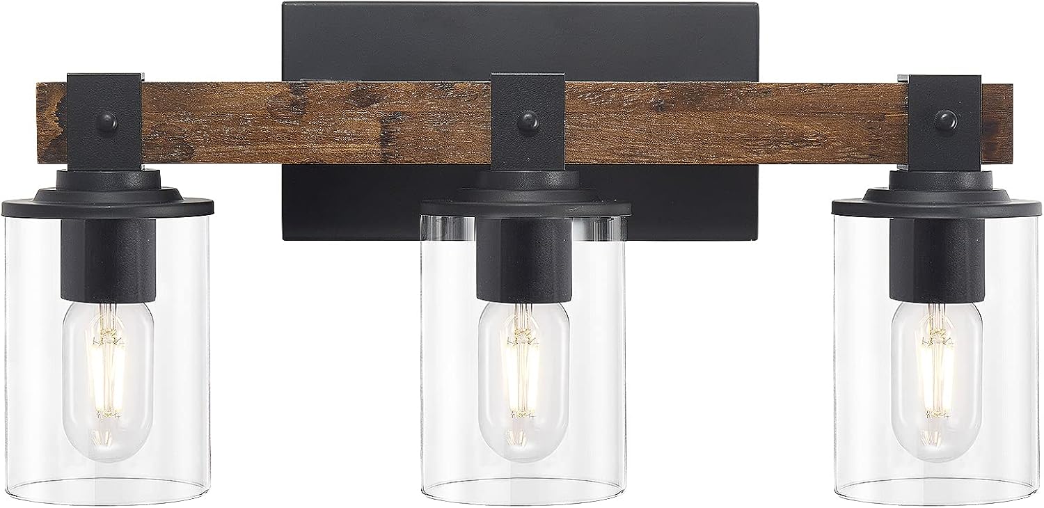 DUJAHMLAND Farmhouse Vanity Light Fixture,3-Light Bathroom Wood Wall Light Over Mirror with Clear Glass Shade, Rustic