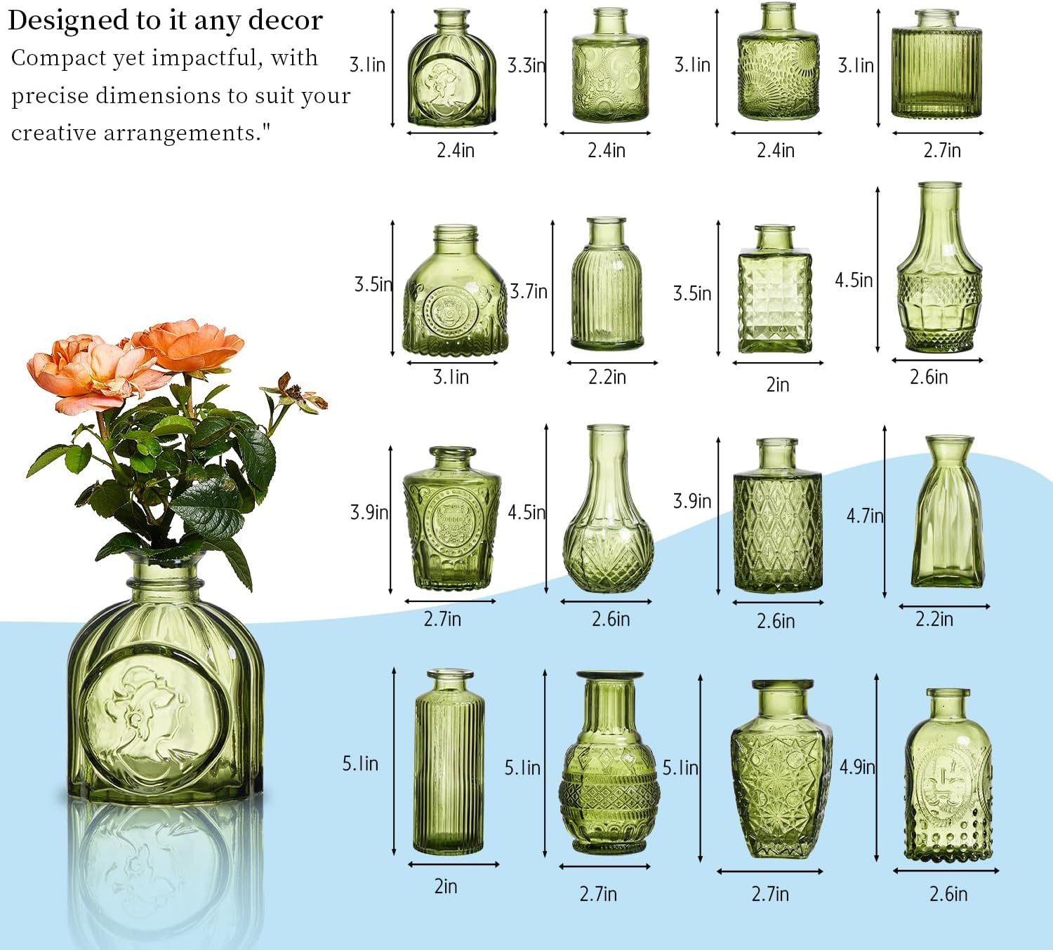 Crystal Vintage Vase Set / Green / Set of 16