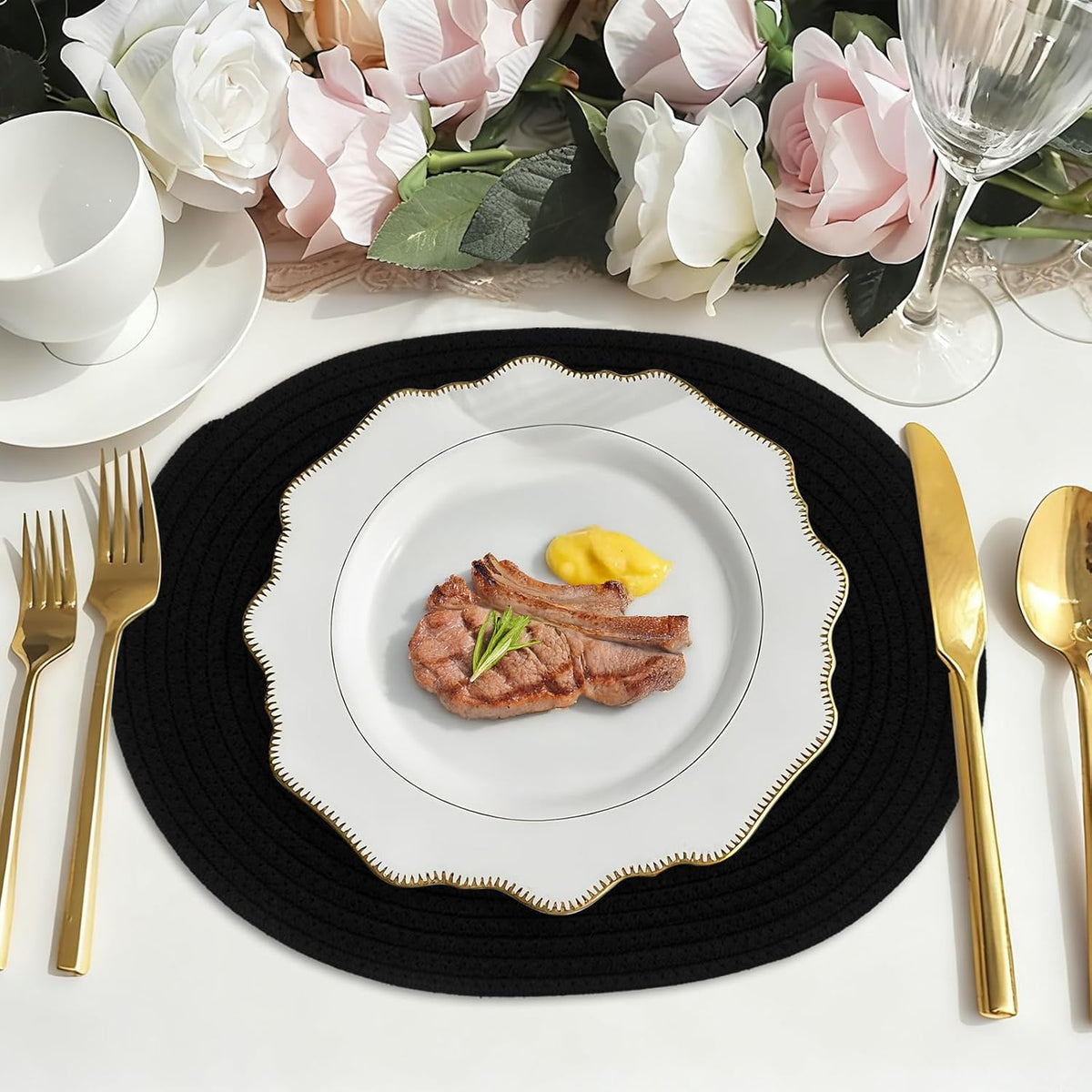 Oval Woven Placemats Set of 6, Boho Cotton Rope Braided Table Mats, 17x13 Inches Non Slip Heat Resistant Place Mats for