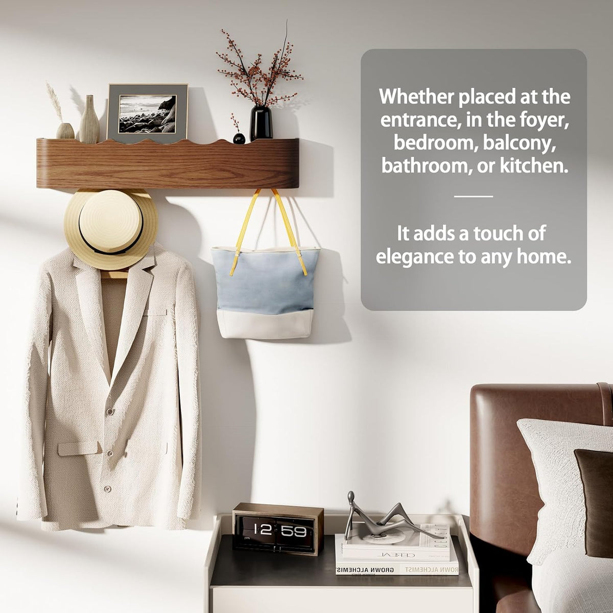 Coat Rack Wall Mount with Shelf 5 Hidden Hooks Modern Wooden Key Holder Entryway Organizer for Hallway Bedroom Bathroom