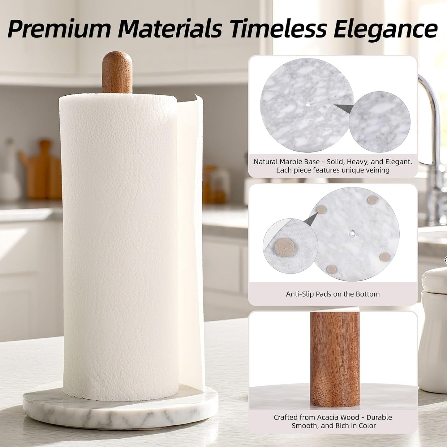 Acacia Wood & Marble Paper Towel Holder – Freestanding Paper Towel Holder for Countertop, Weighted for One-Handed Use