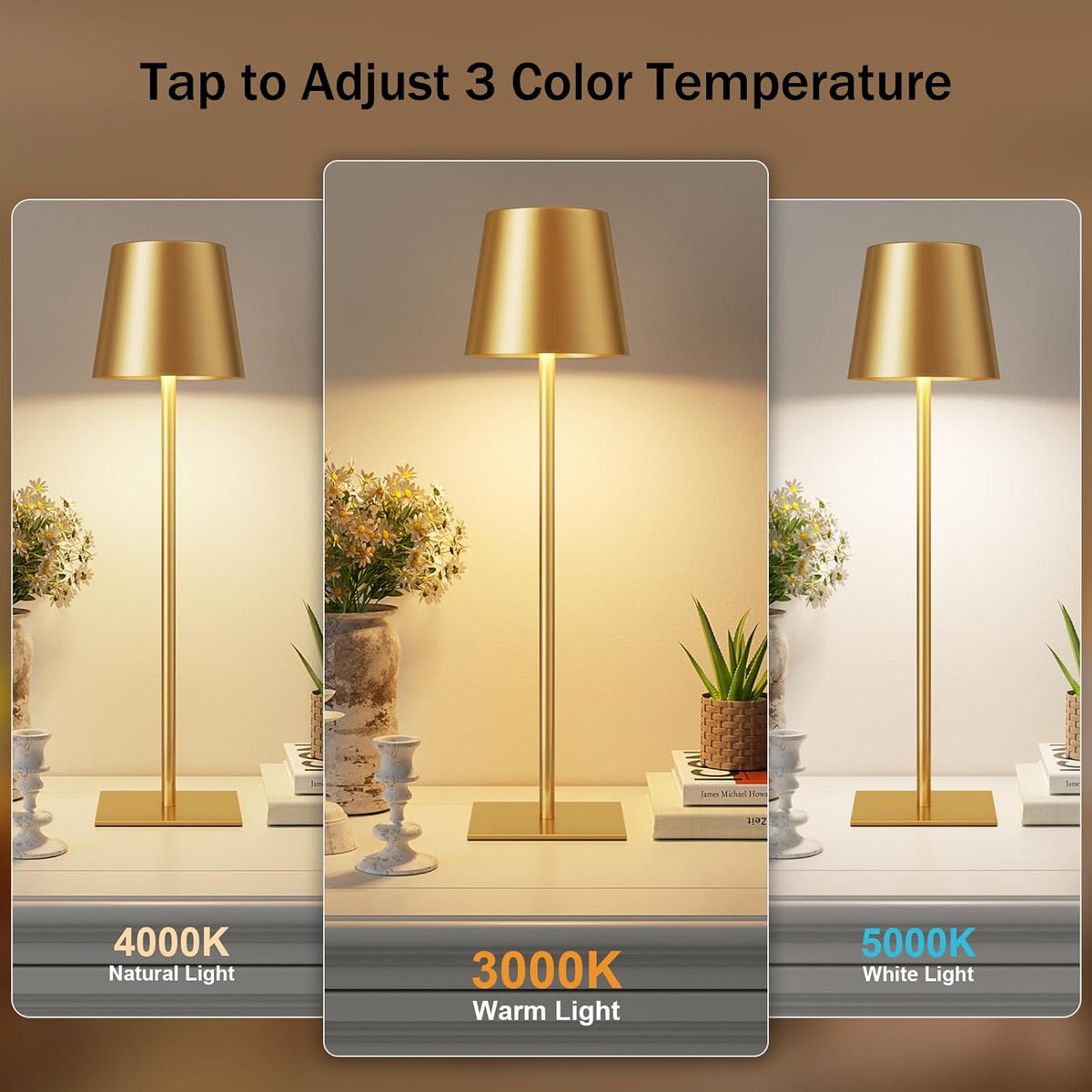 Kakanuo Gold Rechargeable Table Lamp, Cordless Battery Operated Lamp Set | 5000mAh, Touch Control, 3 Color Modes